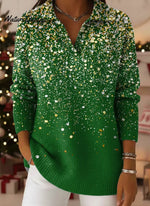 Green Christmas Print Lapel Casual Knit Sweater