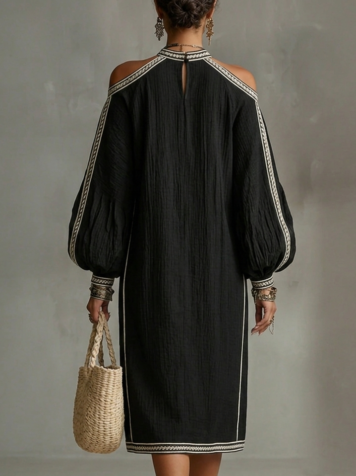 Elegant Off-shoulder Lantern Sleeve Loose Linen Cotton Dress