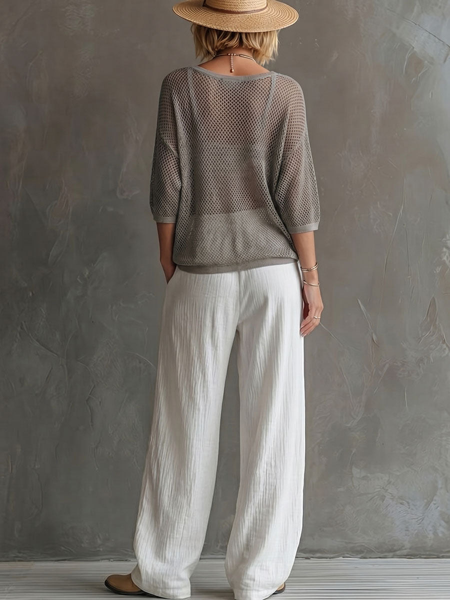 Women's U-neck 3/4-sleeve Cutout Top And Cotton-linen Pants Two-piece Set