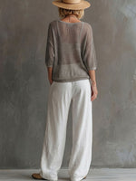 Women's U-neck 3/4-sleeve Cutout Top And Cotton-linen Pants Two-piece Set