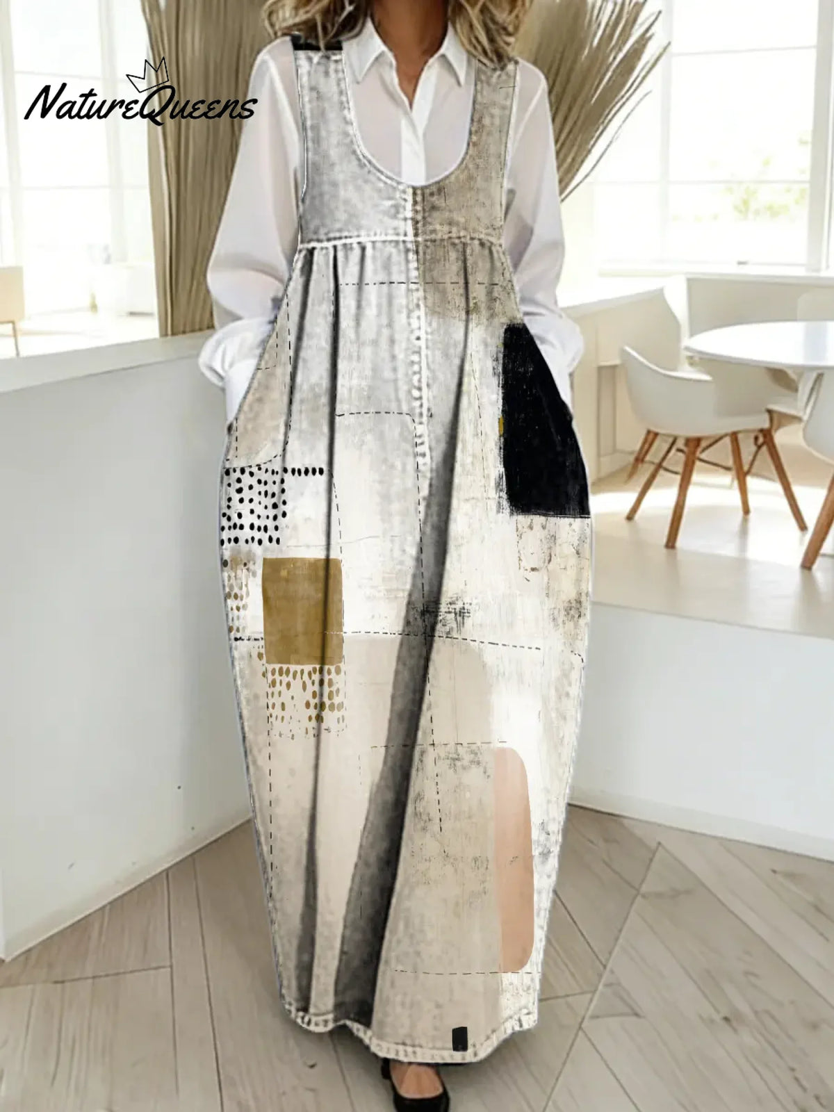 Women's Abstract Pattern Art Print Casual Cotton Denim Dress