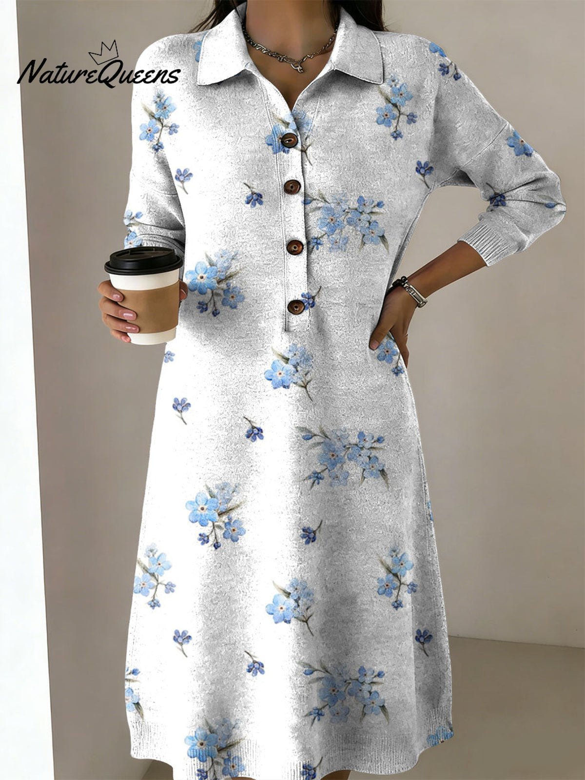 Women's Elegant Floral Decorative Patterns Casual Shirt Collar Long Sleeve Dress