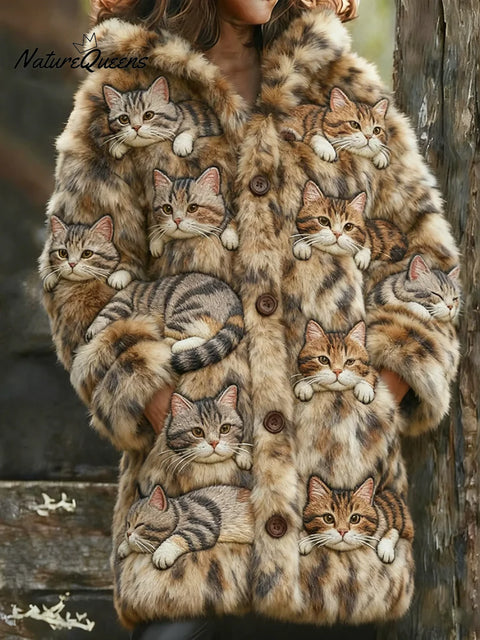 Women's Funny Cats Pattern Art Print Casual Fleece Coat