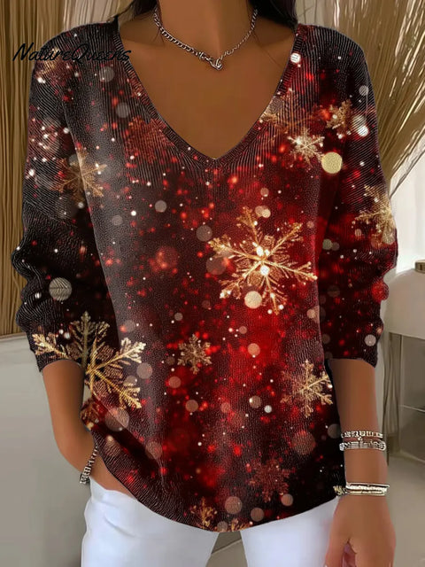 Women's Snowflake Shiny Print V-neck Sweater