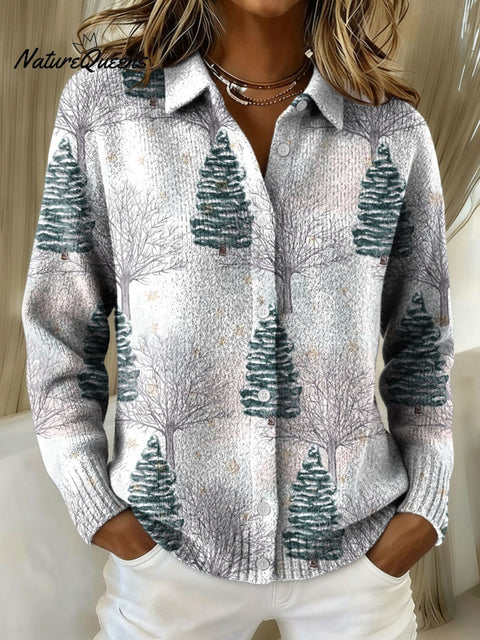 Women's Retro Christmas Tree Snowflake Art Pattern Art Print Cowl Neck Sweater