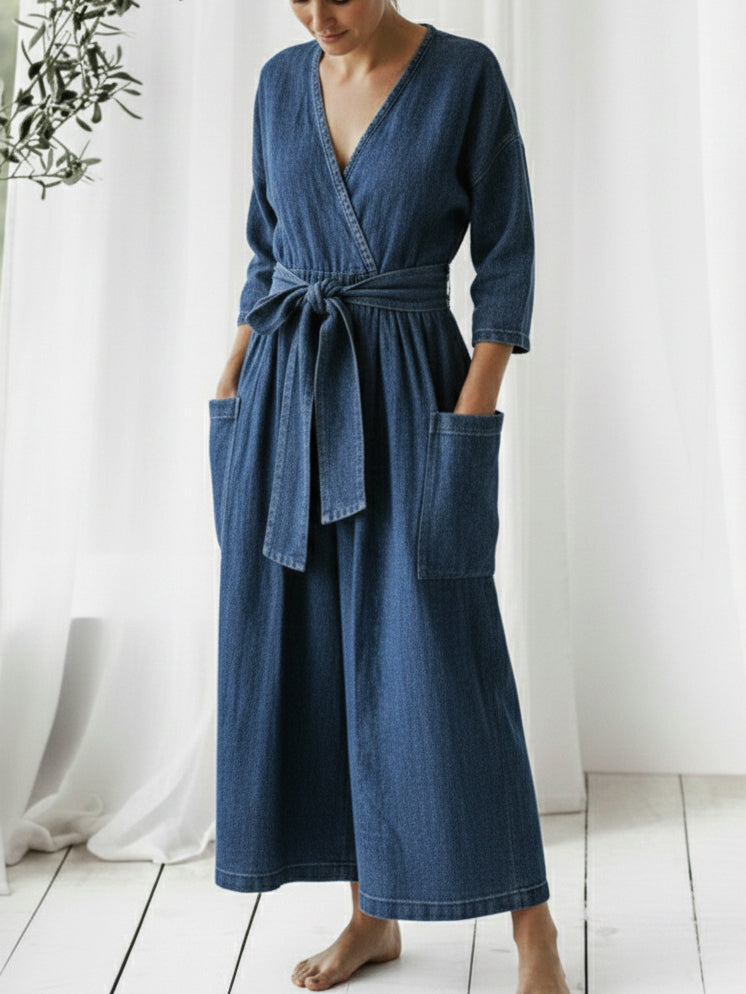 Casual Loose-fitting Denim Jumpsuit With Waist Tie