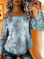 Women‘s Vintage Pattern Art Print Casual Cotton Denim Shirt