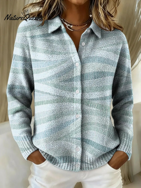 Women's Blue Art Stripes Printed Collared Sweater