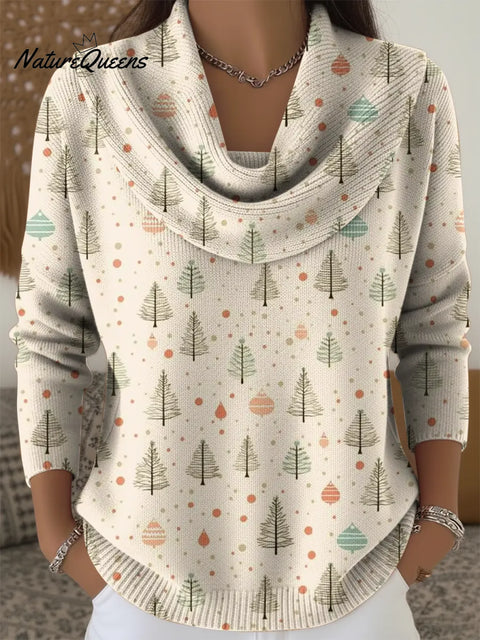 Women's Christmas Tree Print Cowl Neck Sweater
