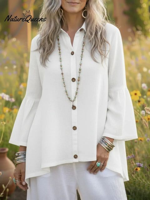 Cozy Button-down Flared Sleeve Linen Shirt Top