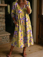 Women's Flower Print Casual Loose-fit Cotton-linen Dress With Lace Trim And Paneling