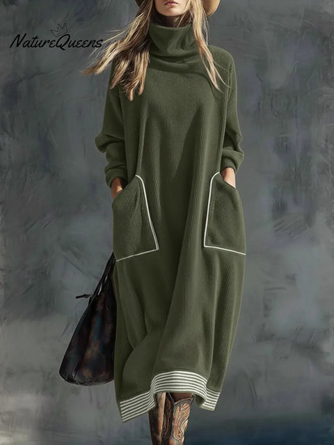 Women's Casual High-neck Corduroy Pocket Dress