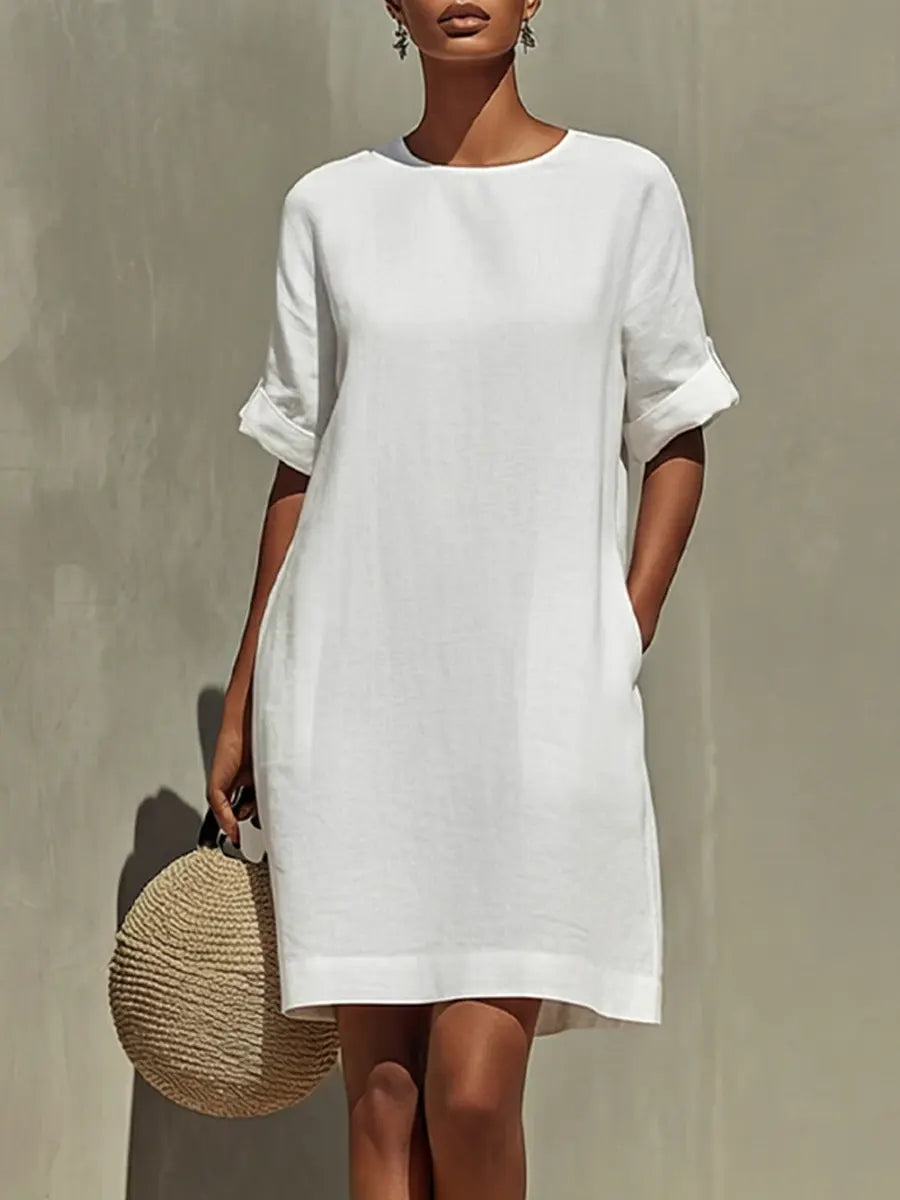 Simple Short-sleeve Cotton And Linen Dress