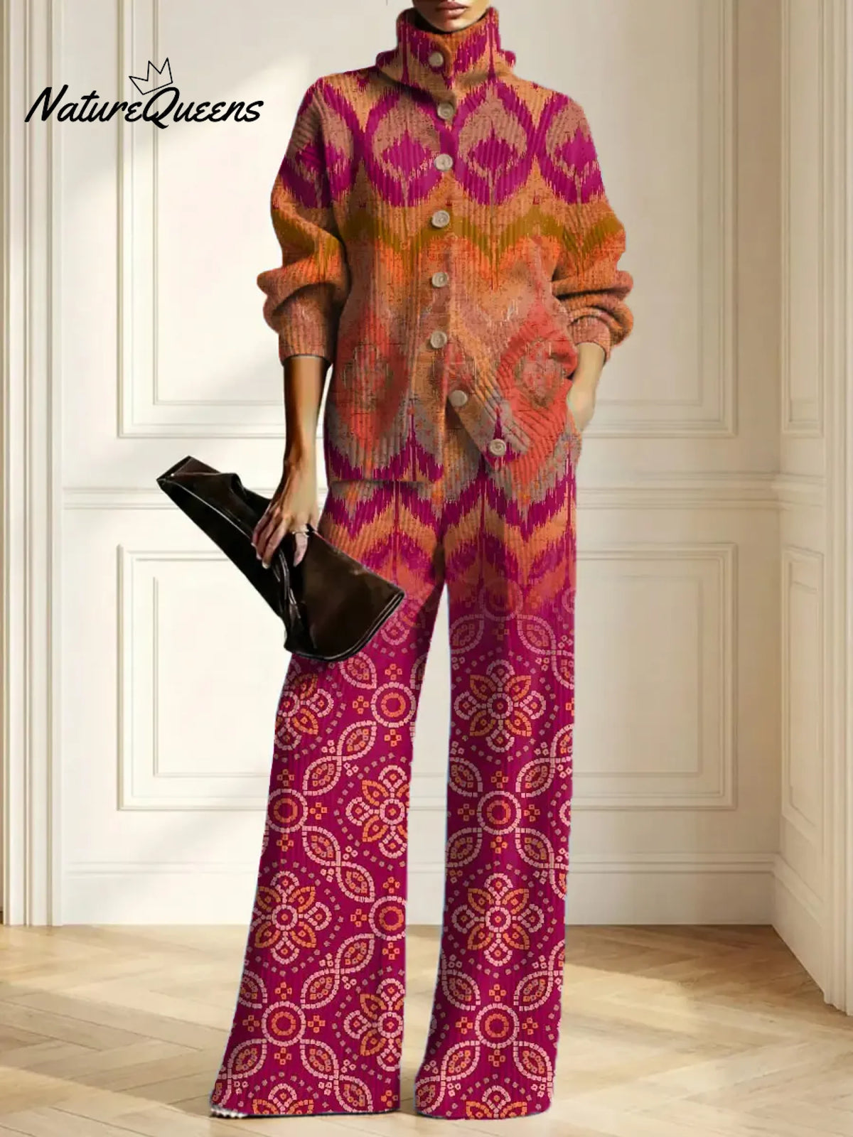 Women's Abstract Pattern Art Print Casual Cotton Knitted Suits