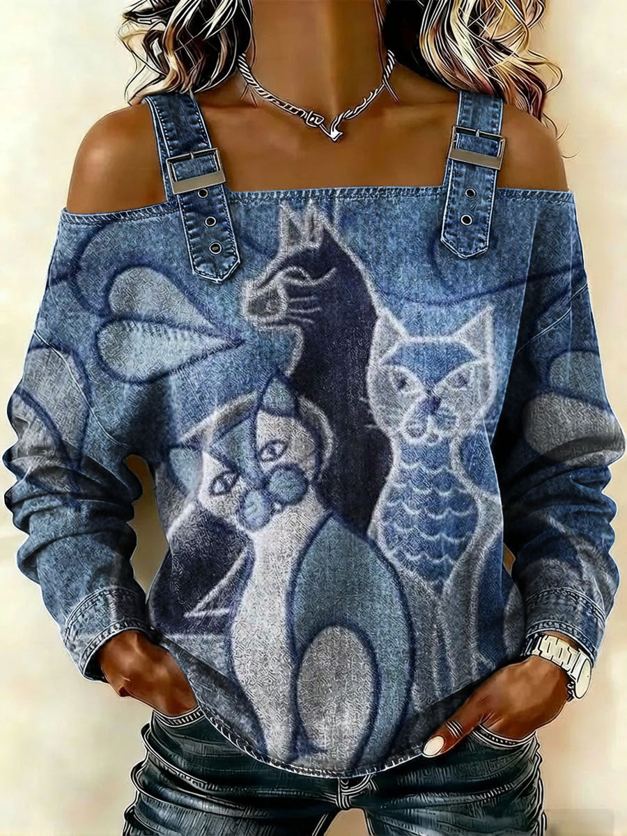 Women‘s Cat Print Casual Cotton Denim Shirt