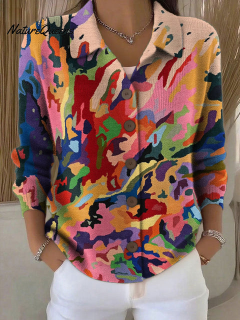 Women's Retro Patchwork Geometric Abstract Pattern Art Print Cowl Neck Sweater