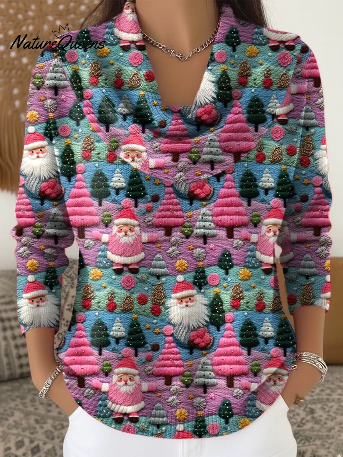 Women's VintageChristmas Embroidery Art Print Cowl Neck Sweater