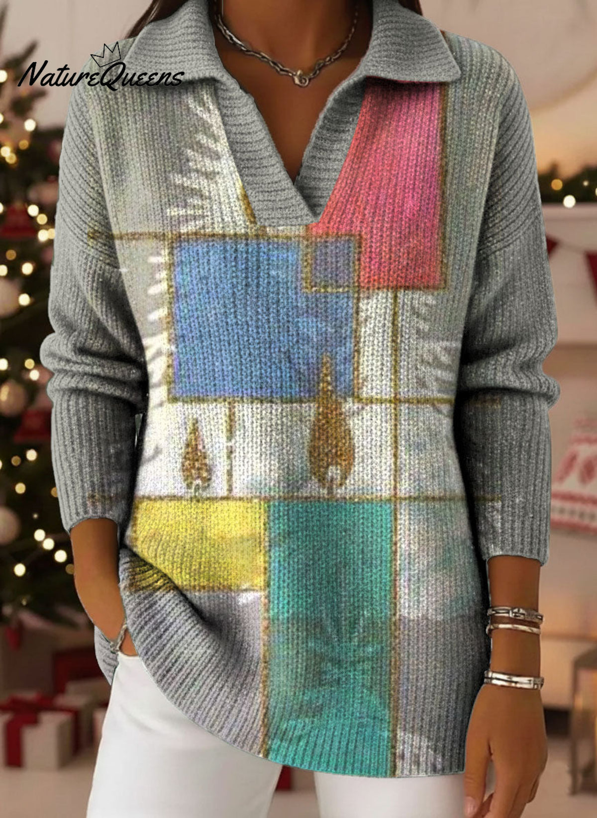 Retro Christmas Candle Geometry Color Art Pattern Polo Collar Shiny Loose Sweater Top