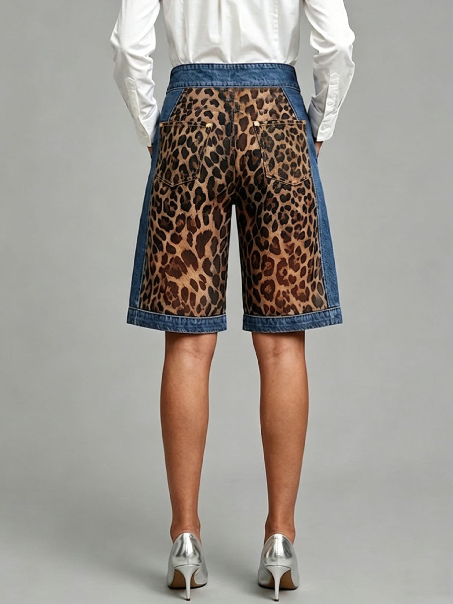 Pantalones cortos de mujer de talle alto, estampado de leopardo, corte holgado, con paneles vaqueros y pernera ancha.