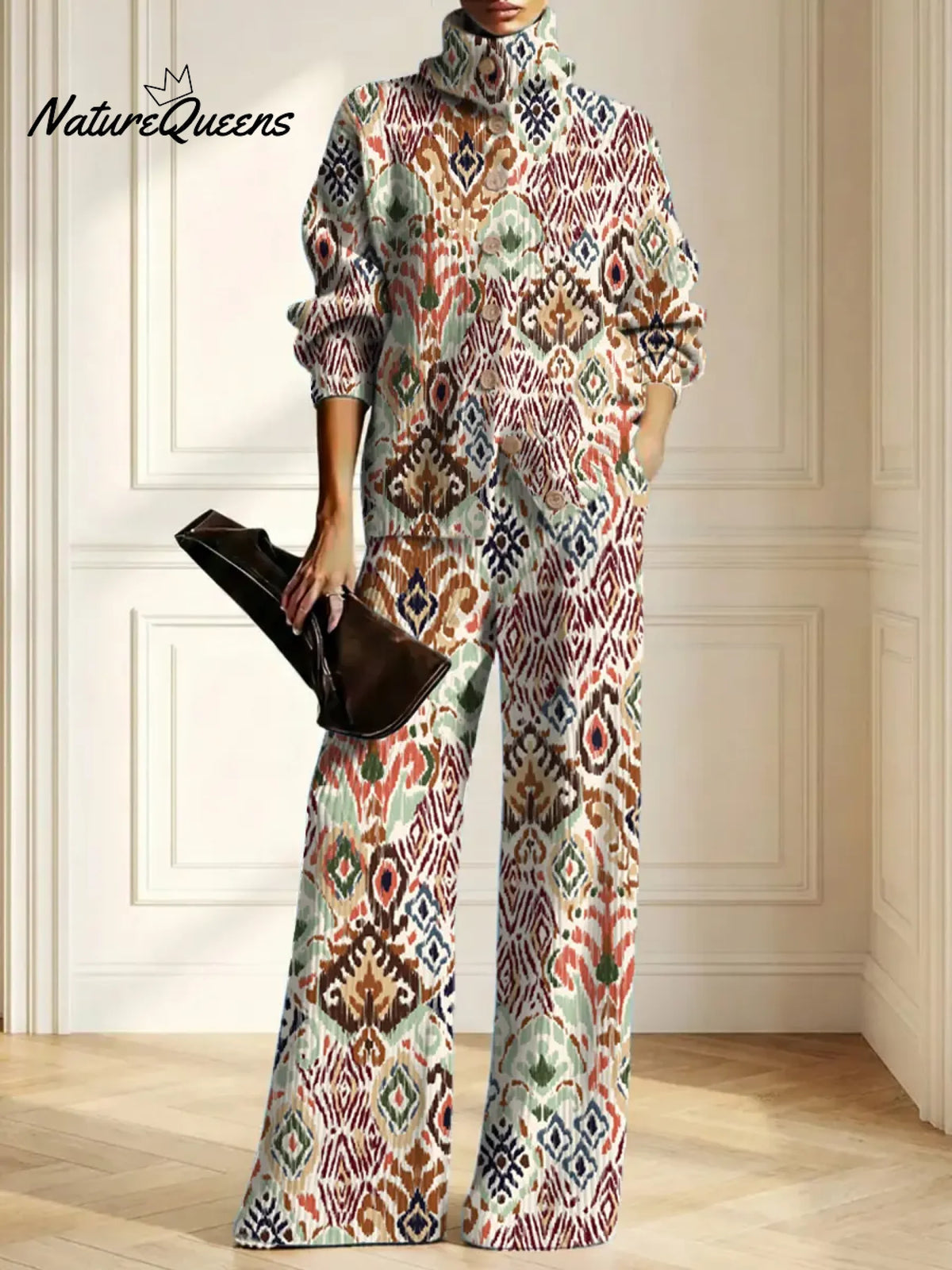 Women's Vintage Pattern Art Print Casual Cotton Knitted Suits