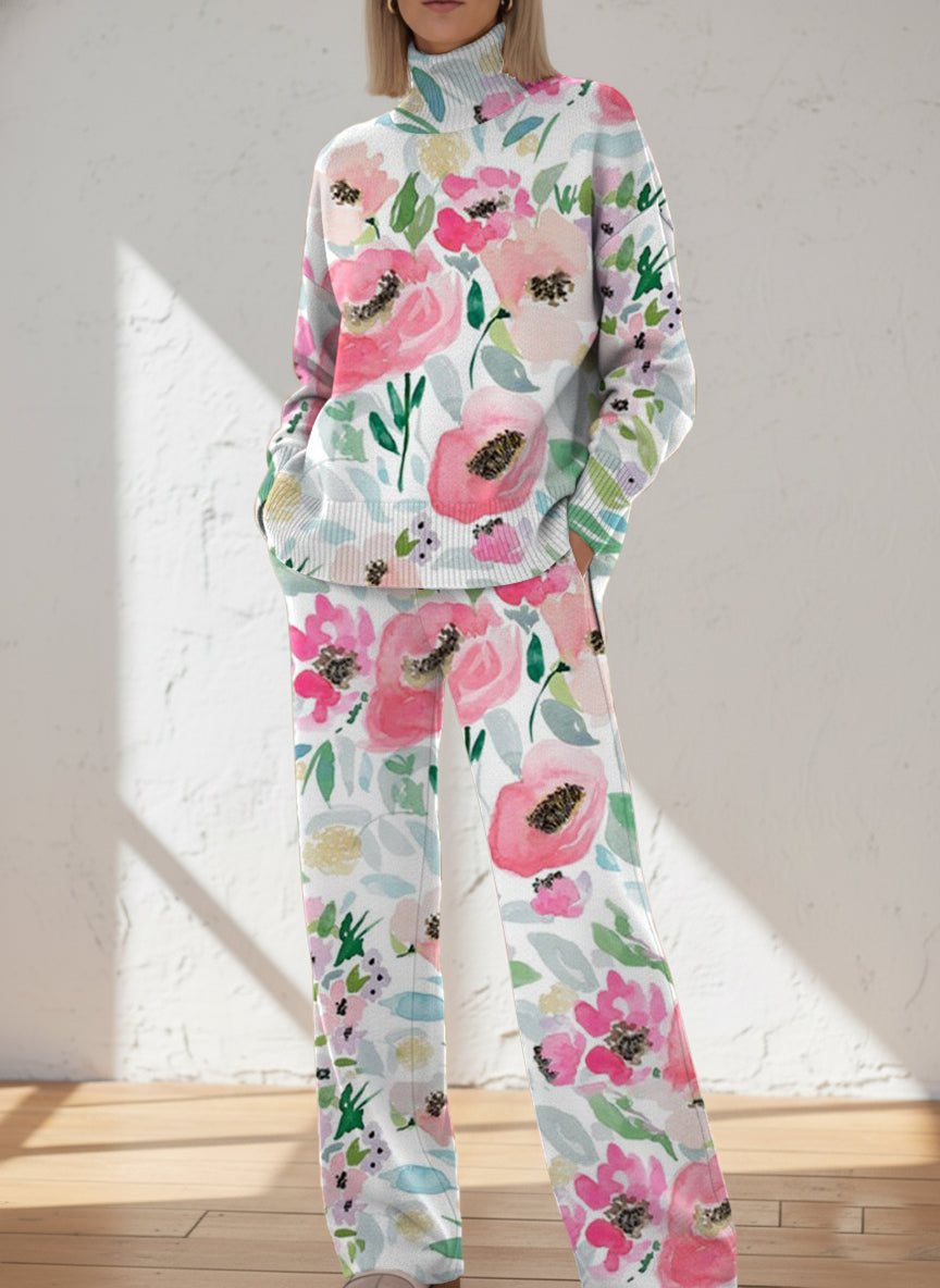 Women's Flower Pattern Art Print Casual Knitted Cotton Top Pants Suit