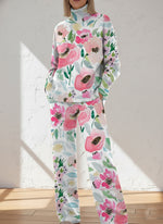 Women's Flower Pattern Art Print Casual Knitted Cotton Top Pants Suit