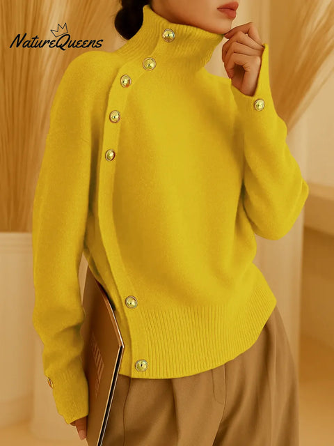 Women's Solid Color Turtleneck Long Sleeve Casual Button Loose Knit Top