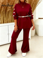 Women's Solid Color High-neck Long-sleeve Casual Loose Knit Top And High-waisted Wide-leg Pants Set