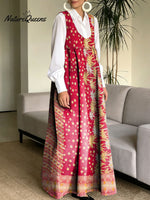 Women's Retro Splicing Colorful Flowers Pattern Art Print Casual Cotton Denim Dress