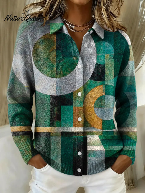 Women's Abstract Geometric Art Printed Collared Sweater