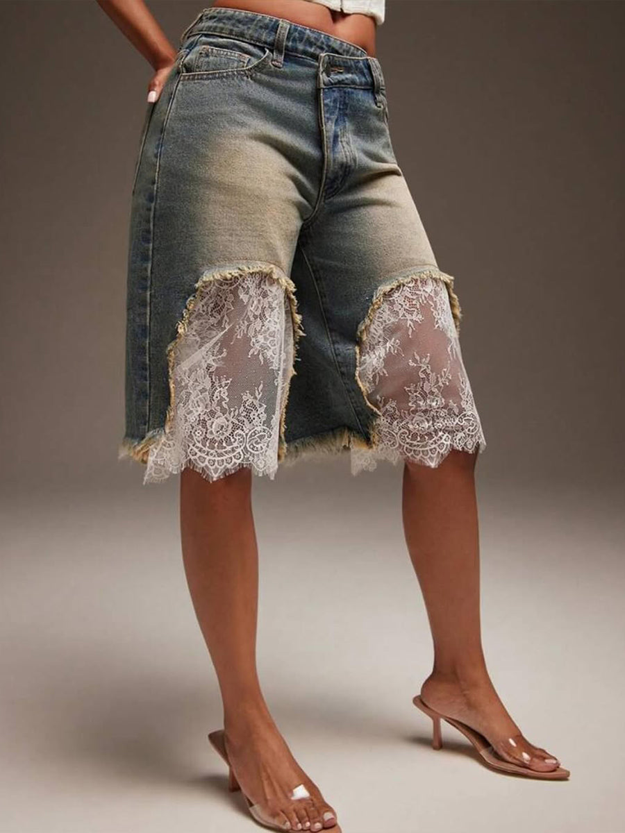 Casual Patchwork Lace Denim Jeans