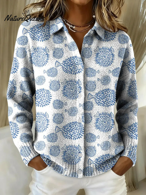 Women's Retro Cute Little Blue Fish Pattern Printed Collared Sweater