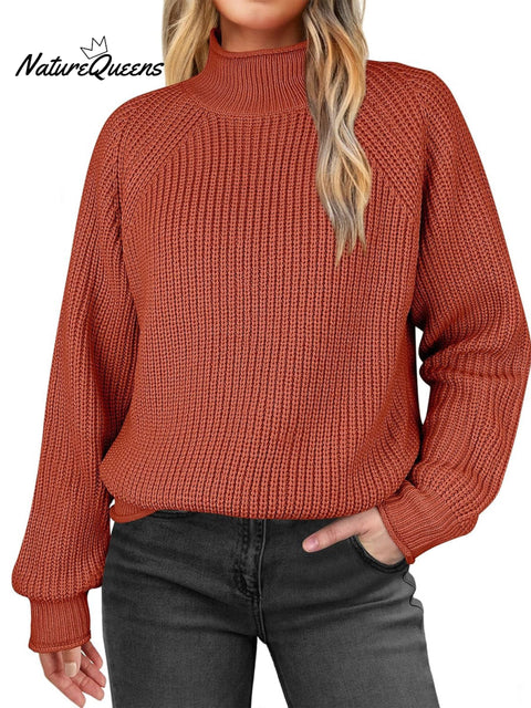 Women's Solid Color Casual Turtleneck Knit Long-sleeved Sweater