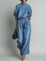 Women's Stand-collar Long-sleeved Casual Loose Denim Top And High-waisted Casual Loose Wide-leg Denim Pants Set.