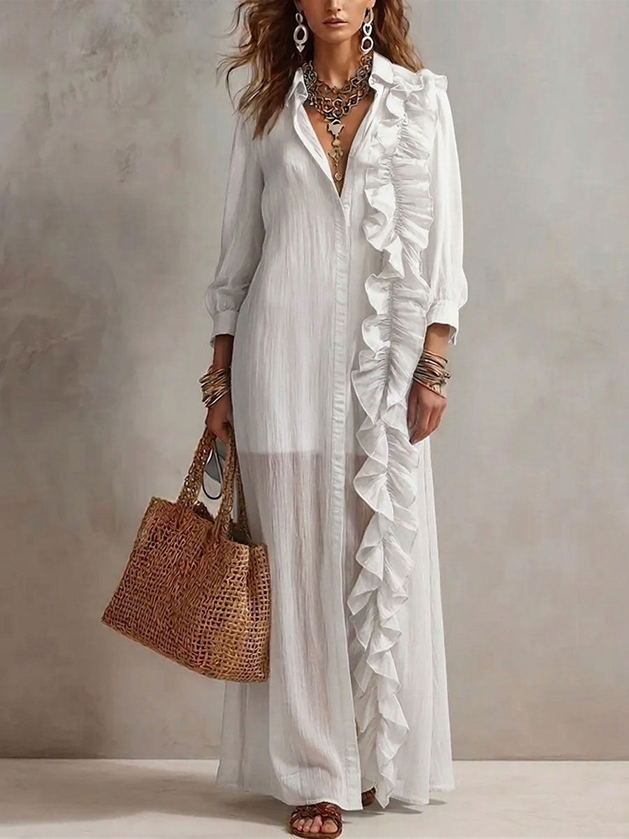 Women's Solid-Color Collared Long-Sleeve Casual Loose Cotton-Linen Dress with Ruffles
