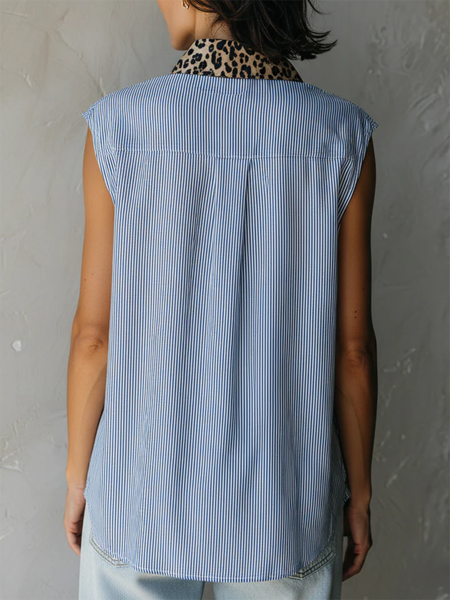 Casual Leopard-print And Striped Patchwork Cotton Blouse