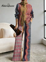 Women's Retro Abstract Geometric Colorful Splicing Patterns Art Print Casual Cotton Knitted Suits