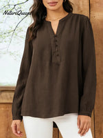 Women's Solid Color V-neck Long-sleeved Casual Loose Cotton And Linen Top