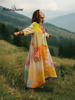 Sunset Orange Color Palette Printed Lace Trim V-neck Dress