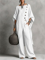 Women's Casual Two-piece Set: Side-slit Button-up Top And Loose-fit Pants