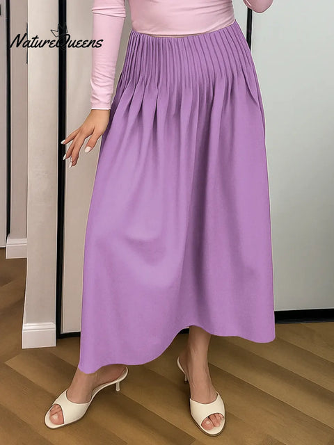 Women's Solid Color High-waisted Casual Pleated A-line Cotton Midi Skirt