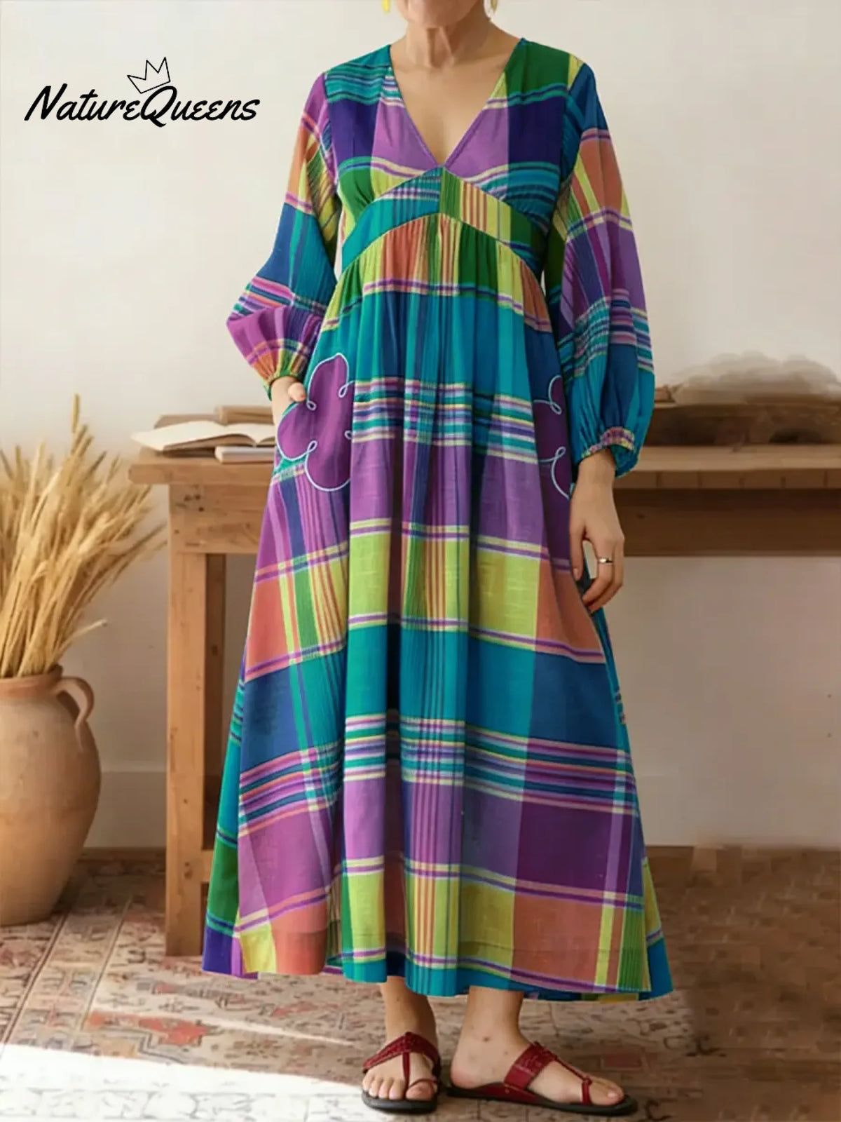 Women's Colorful Plaid Print V-neck Long Sleeve Casual Loose Cotton Linen Dress
