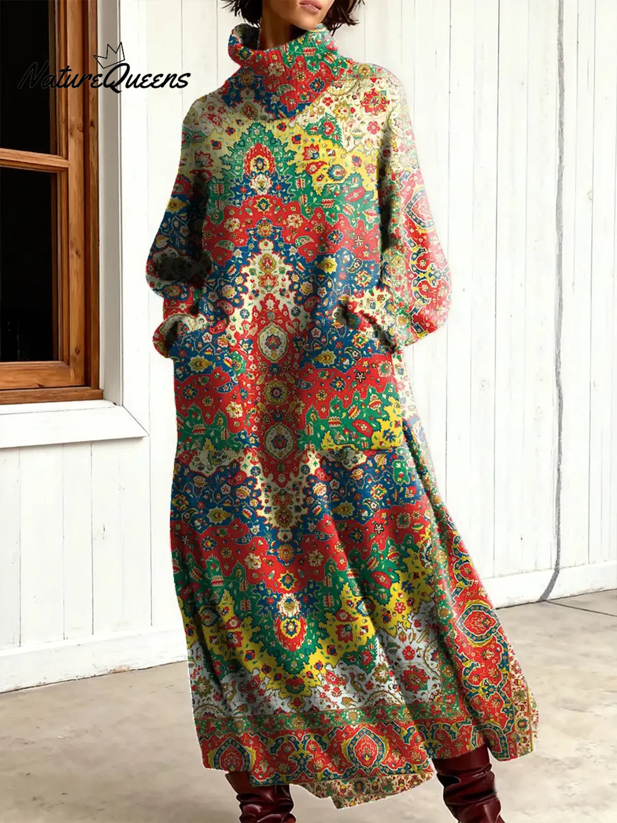 Women's Vintage Flower Art Print Casual Cotton Knitted Dress