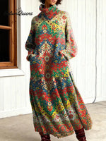 Women's Vintage Flower Art Print Casual Cotton Knitted Dress