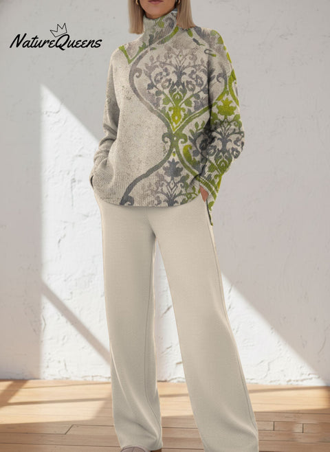 Women's Retro Pattern Art Print Casual Knitted Cotton Top Pants Suit