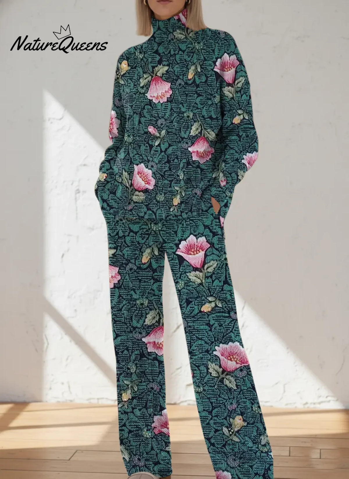 Women's Floral Pattern Art Print Casual Knitted Cotton Top Pants Suit