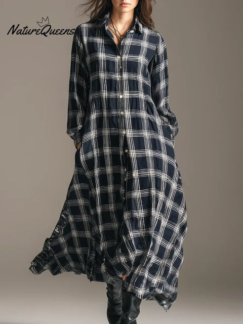 Women's Plaid Print Shirt Collar Long-sleeved A-line Dress