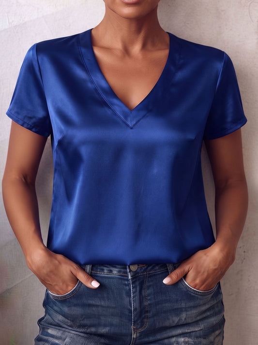 Elegant And Casual V-neck Satin Short-sleeved Shirt