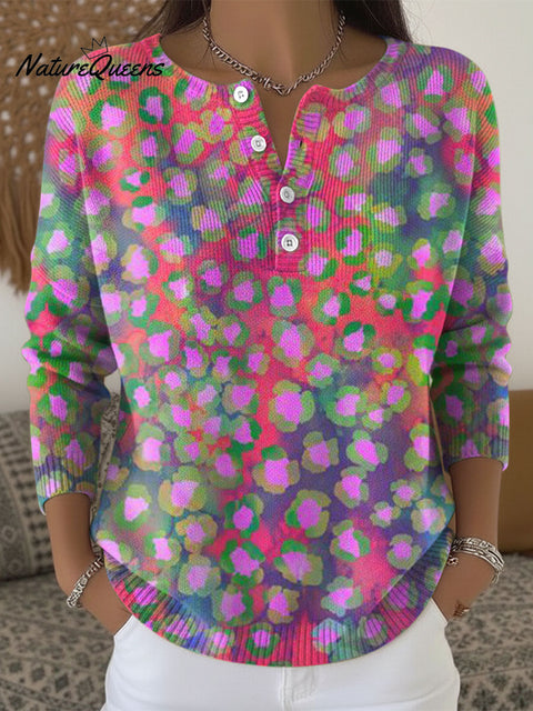 Women's Gradient Floral Pattern Art Print Buttoned Cardigan Sweater