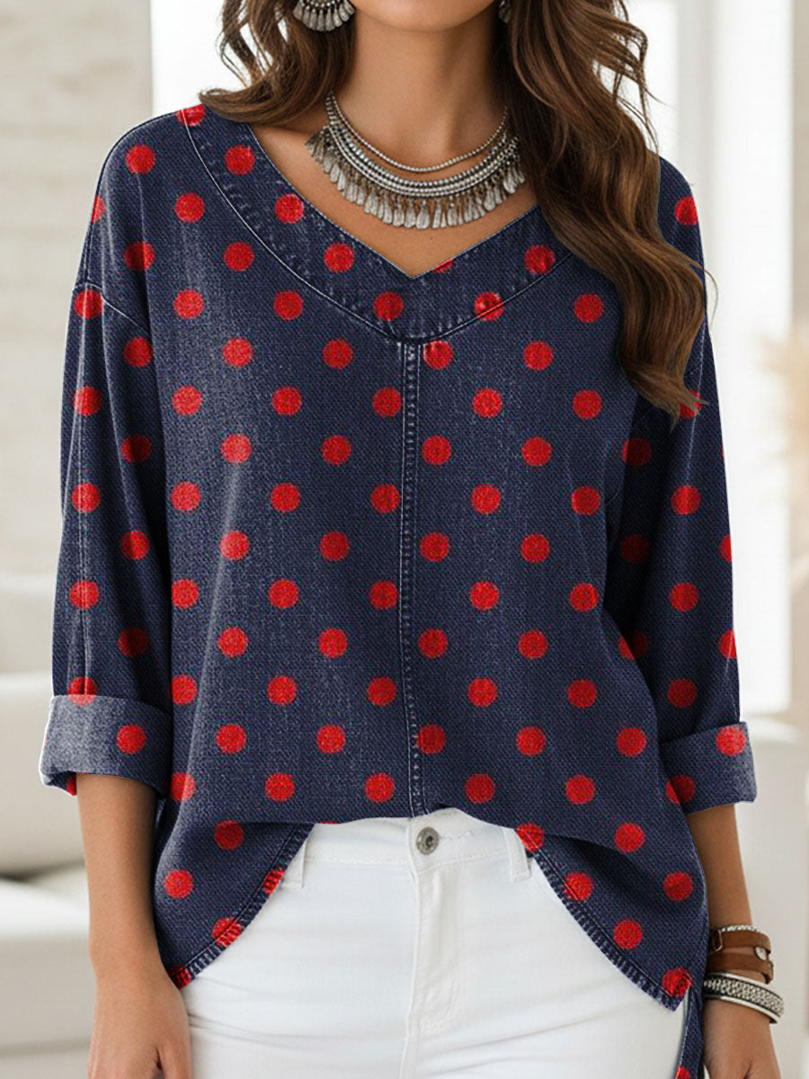 Women's Retro Dots Print Casual Denim Shirt